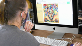 Professor Bev Fanning observing artwork on a computer screen