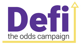 defi in purple the odds campaign in black with a white background