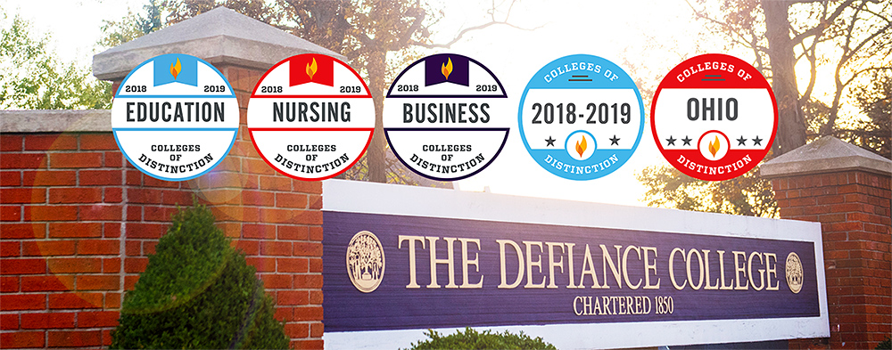 Defiance College sign with Colleges of Distinction logos