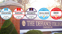 Defiance College sign with 5 Colleges of Distinction badges over the photo