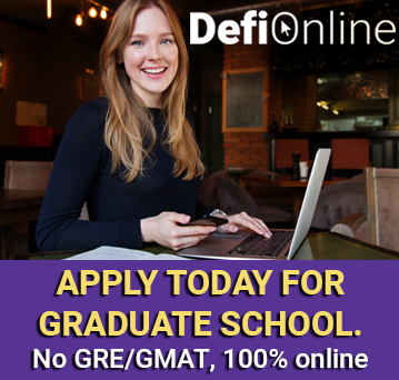 Young woman at a laptop. Text reads: Defi Online and "Apply today for graduate school. Start as soon as January!"