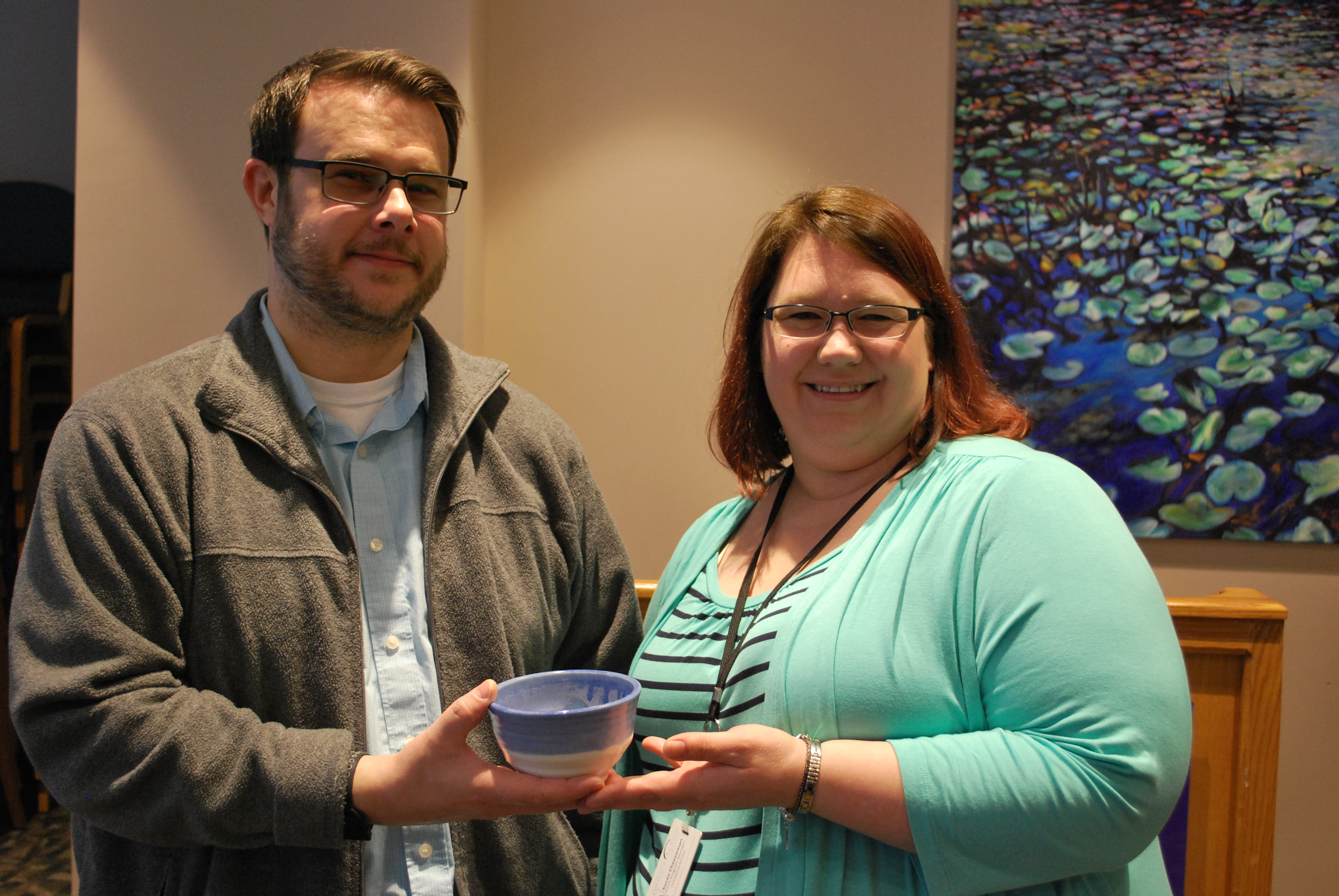 Kevin Kaplan and Susan Cheeseman with bowl from Empty Bowls event