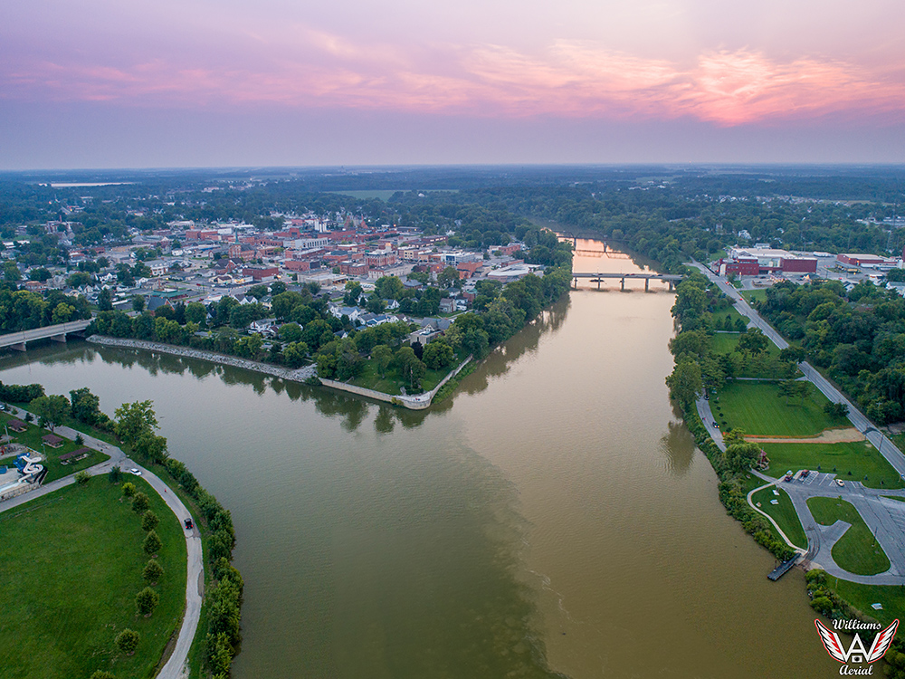 Aerial view of the city of Defiance where the river forks.