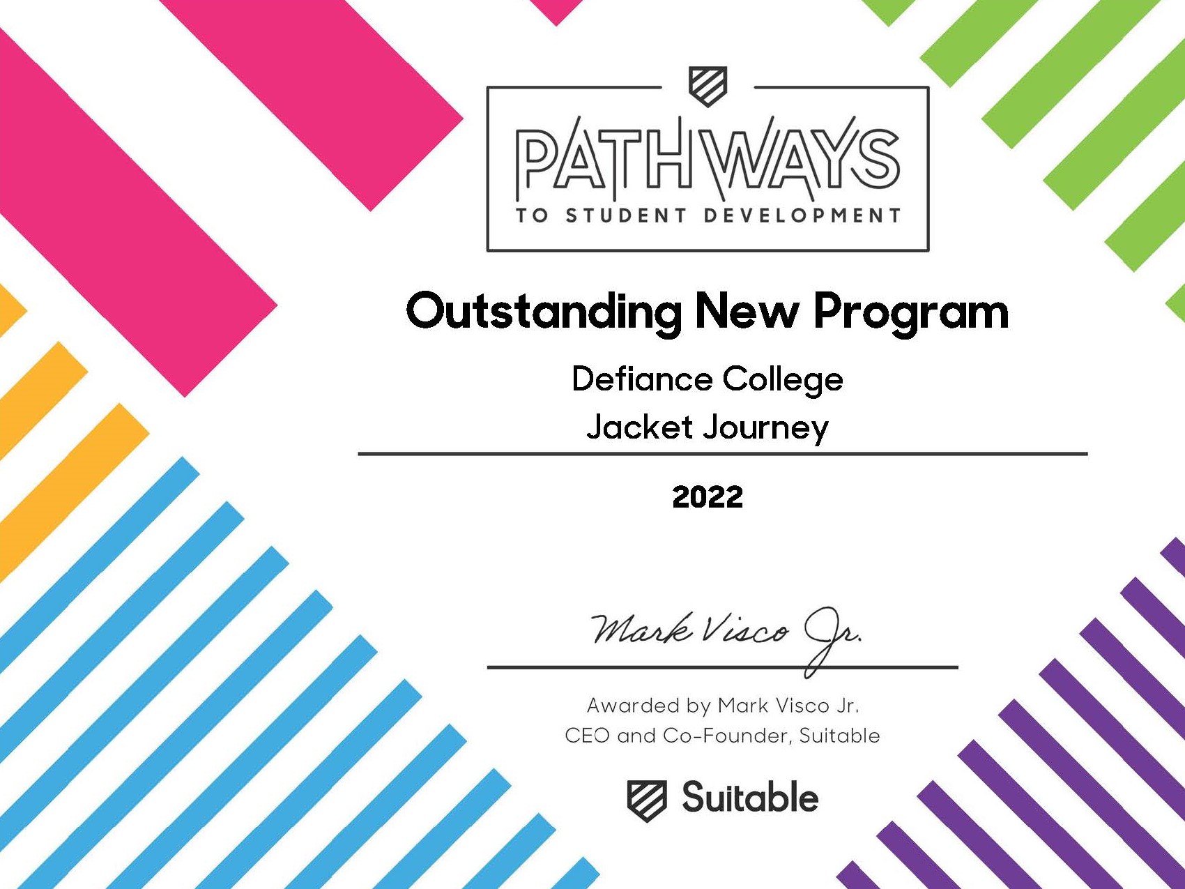 certificate that reads pathways to student development outstanding new program defiance college jacket journey 2022 by suitable