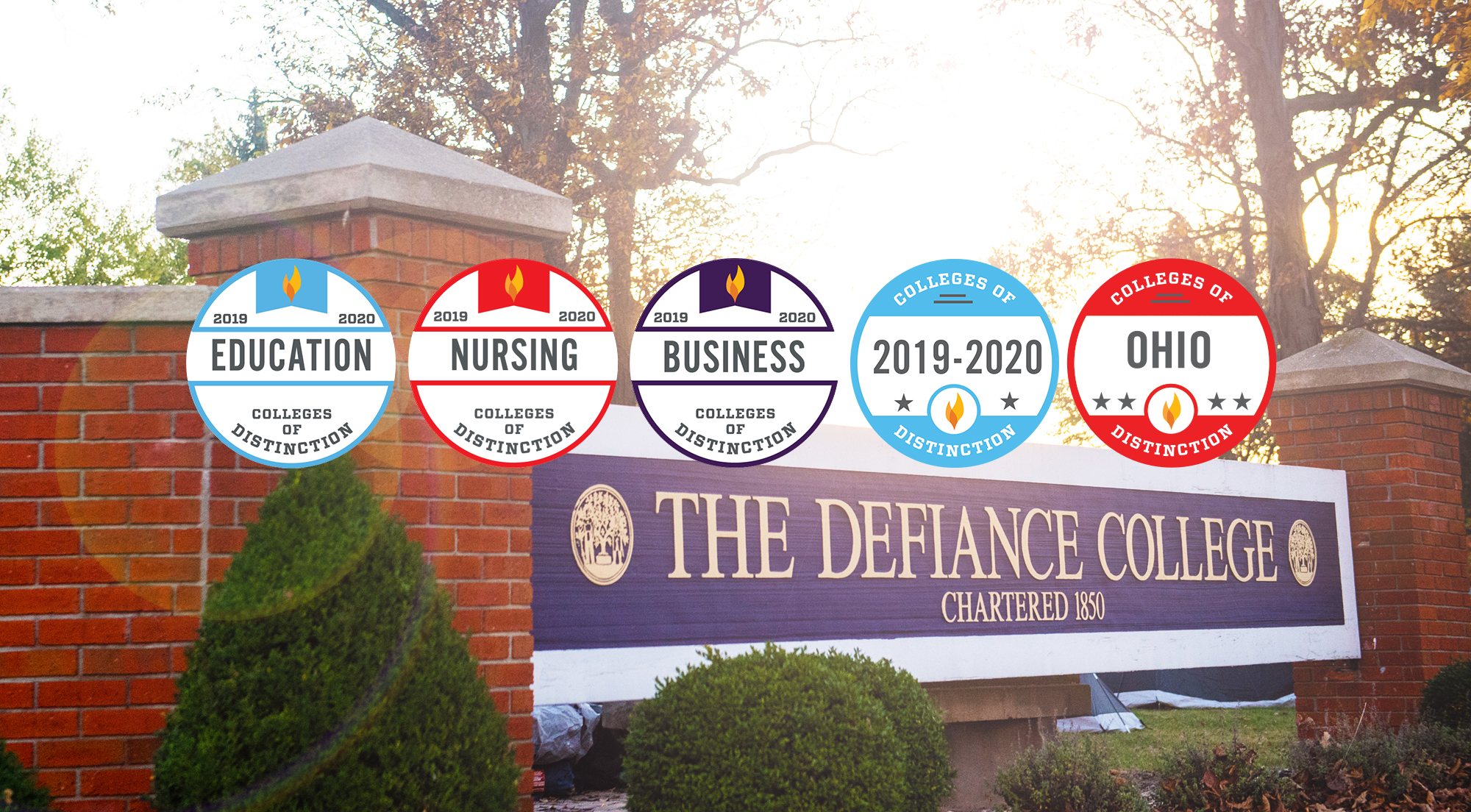 Defiance College sign with five Colleges of Distinction badges on the photo