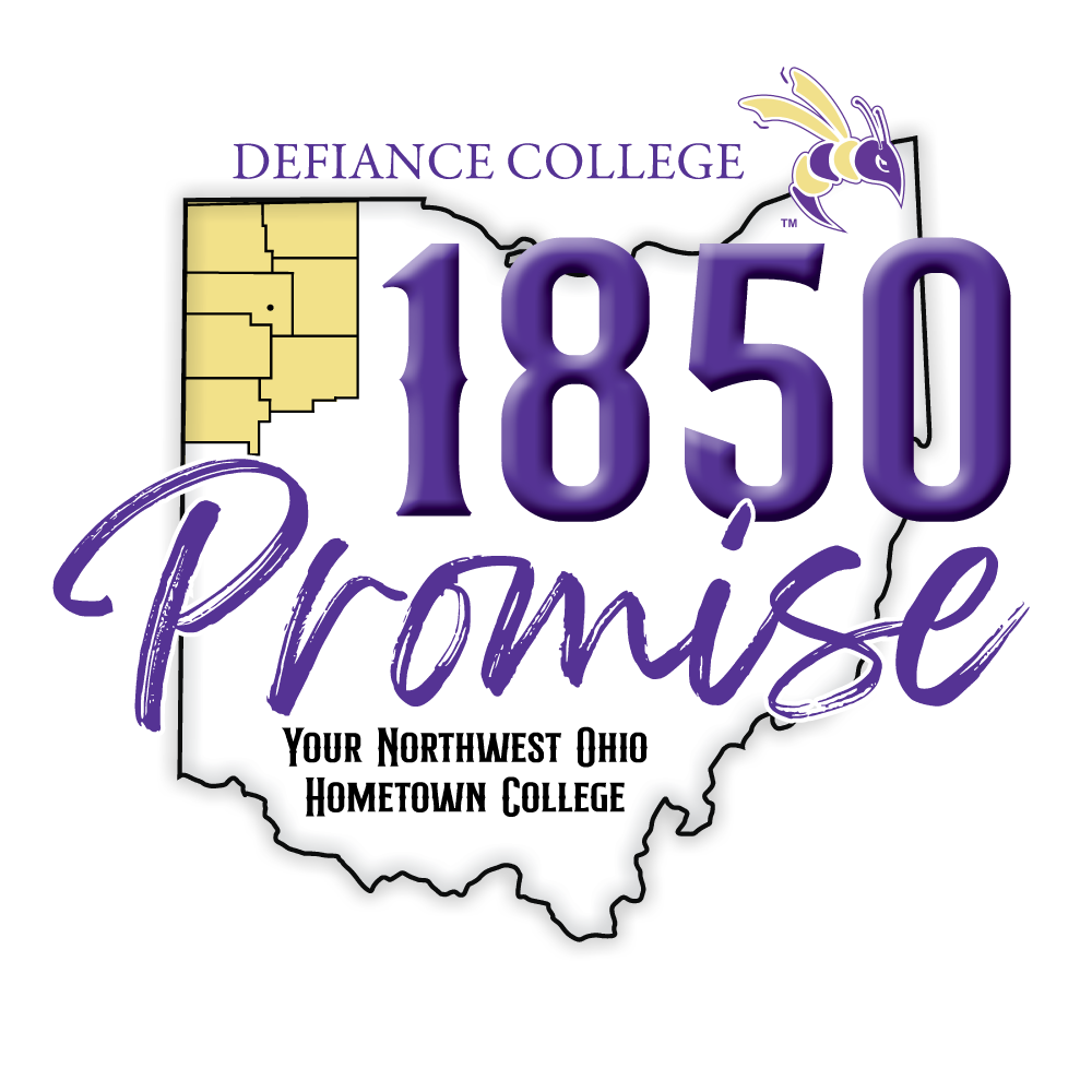 Logo for Defiance College’s 1850 Promise. Text overlays an outline of Ohio with a section highlighted in yellow, a yellow and purple hornet mascot, and the slogan “Your Northwest Ohio Hometown College.”.