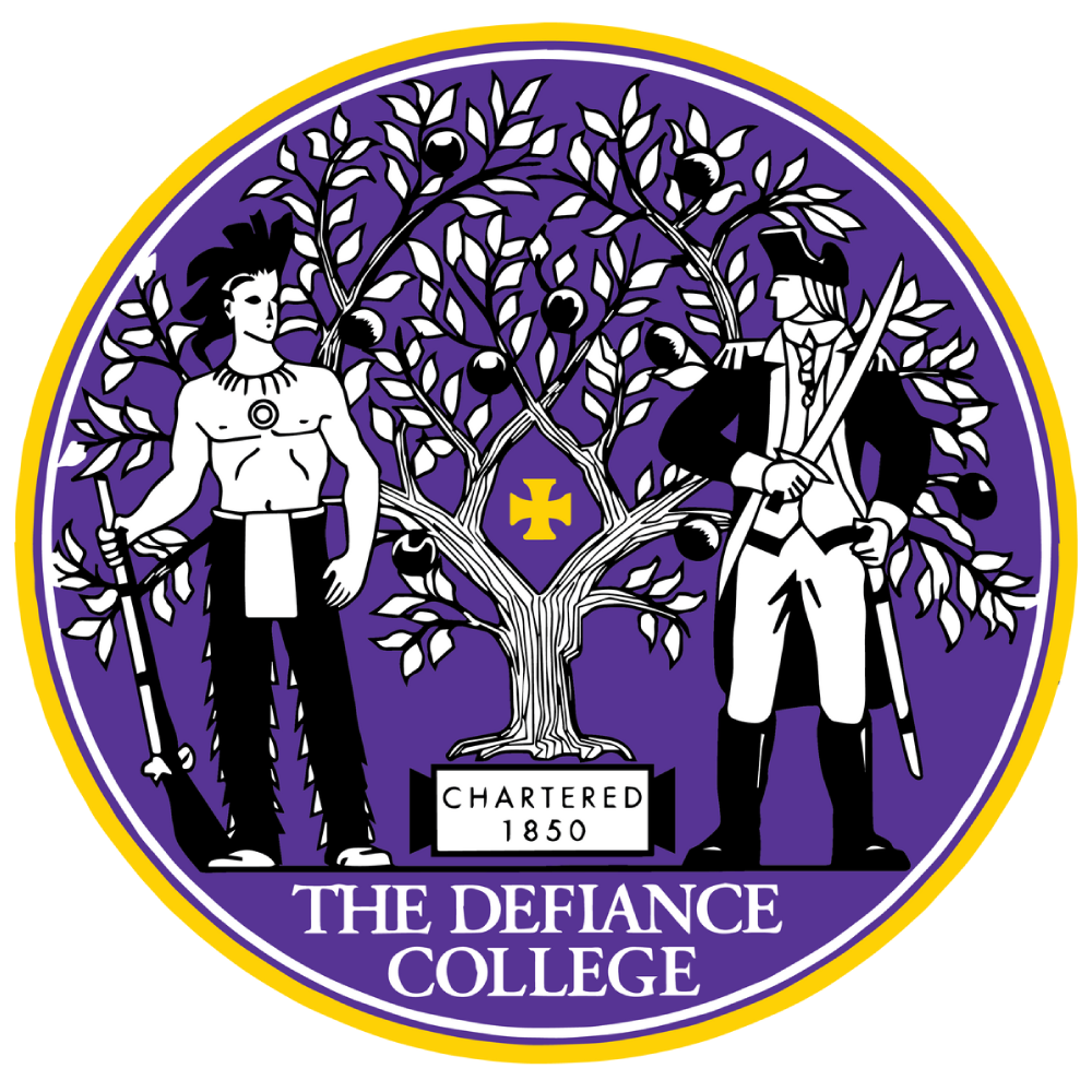 A round emblem for The Defiance College featuring a Native American and a colonial figure standing on either side of a tree with black fruit, a yellow cross, and a stone labeled “Chartered 1850” on a purple background.