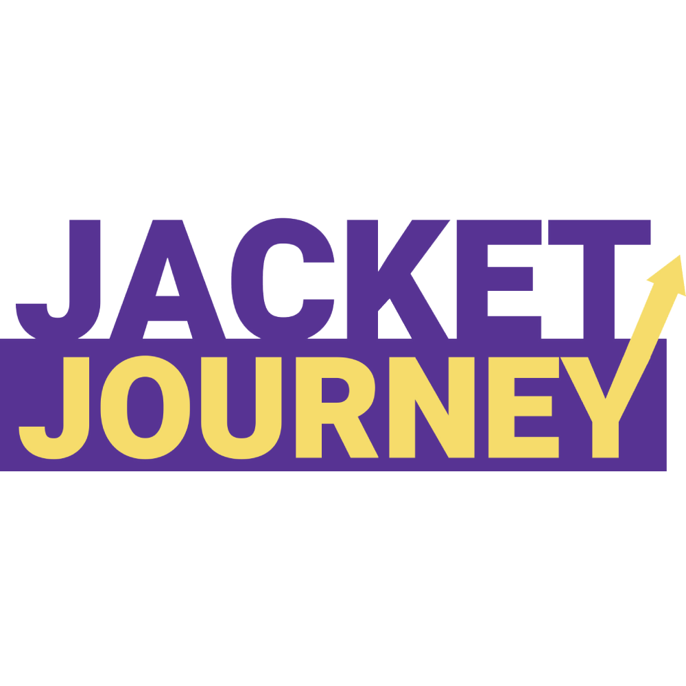 The image shows the words JACKET JOURNEY in bold letters. JACKET is in purple, and JOURNEY is in yellow with a purple background. The Y in JOURNEY forms an upward arrow.