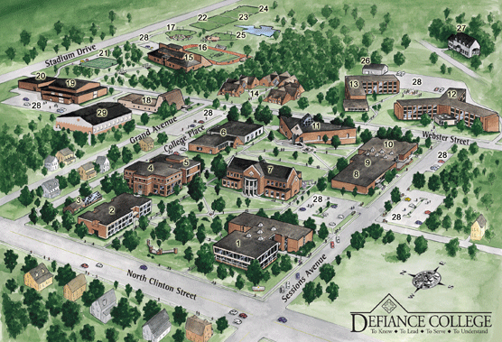 Illustrated aerial map of Defiance College campus, showing labeled buildings, roads, green spaces, parking lots, and key landmarks. The map uses numbers to identify various campus locations.