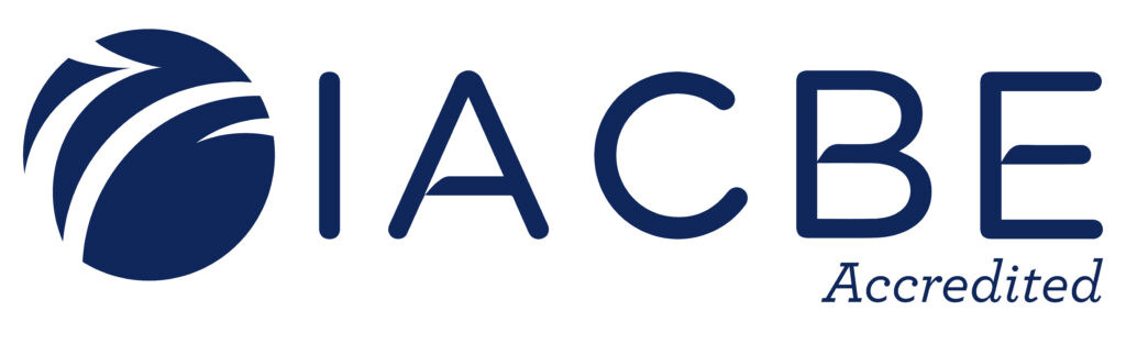 IACBE Accredited logo featuring a blue abstract globe design on the left, followed by the letters IACBE in blue, with the word Accredited in cursive below and to the right.