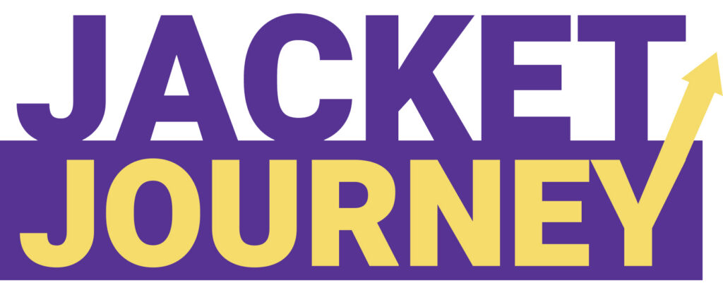 Bold purple text reads JACKET above bold yellow text reading JOURNEY, with the Y in JOURNEY forming an upward-pointing yellow arrow.