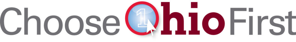 Logo with the words Choose Ohio First. The O in Ohio is a red circle with a blue center, showing a white number 1 and a cursor arrow pointing at it.
