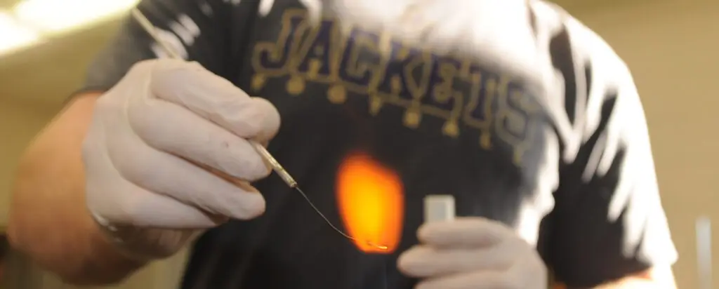 A person wearing a dark JACKETS shirt and white gloves is holding a metal inoculation loop with an orange flame at the tip, likely in a laboratory setting.