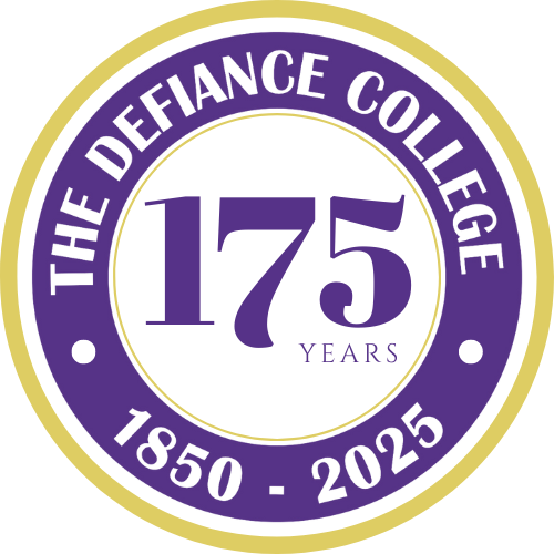 Circular logo reading The Defiance College 1850 - 2025 with 175 Years in large purple text at the center, surrounded by a gold and purple border.