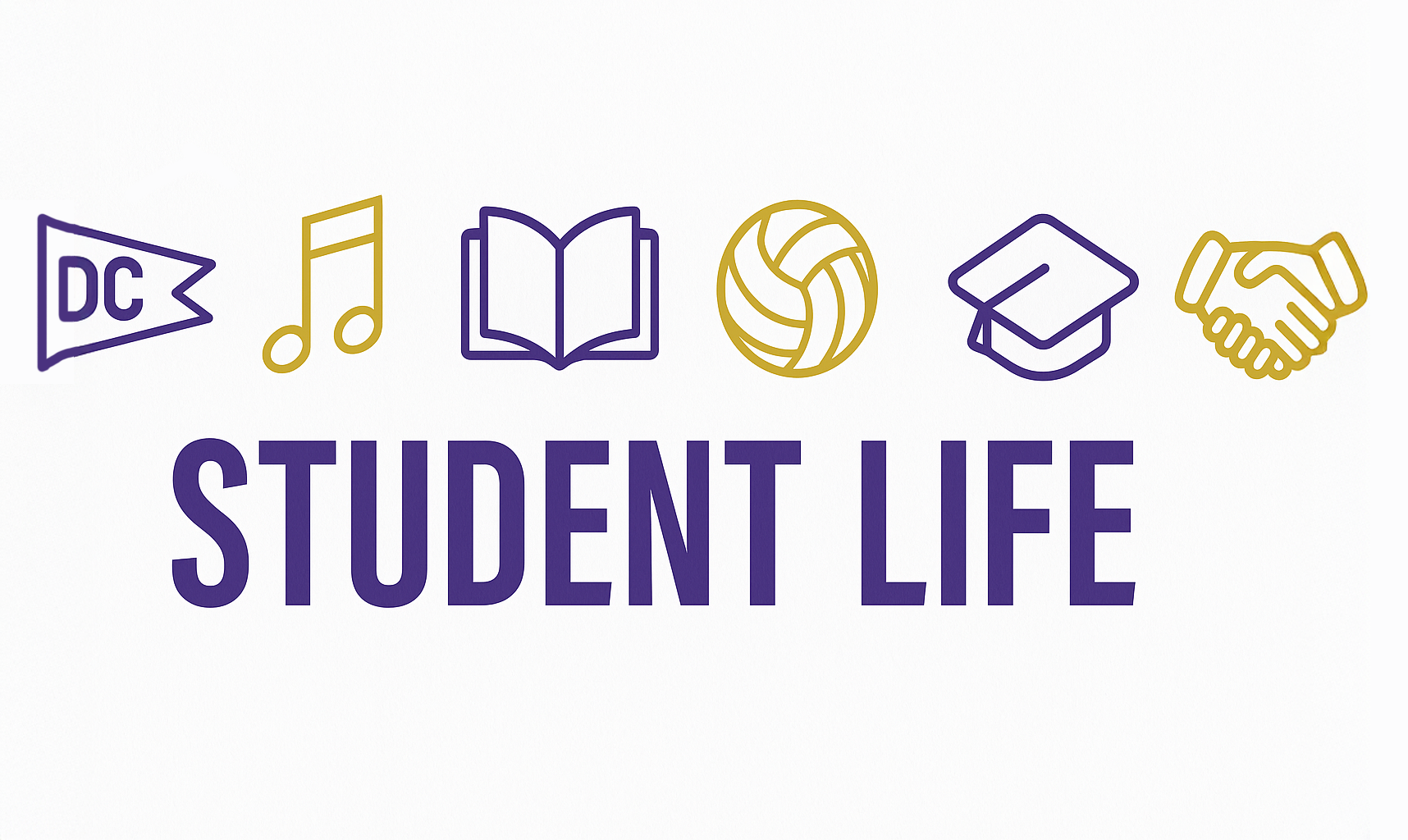 Icons of a pennant, music note, open book, volleyball, graduation cap, and handshake above bold text reading STUDENT LIFE on a white background.