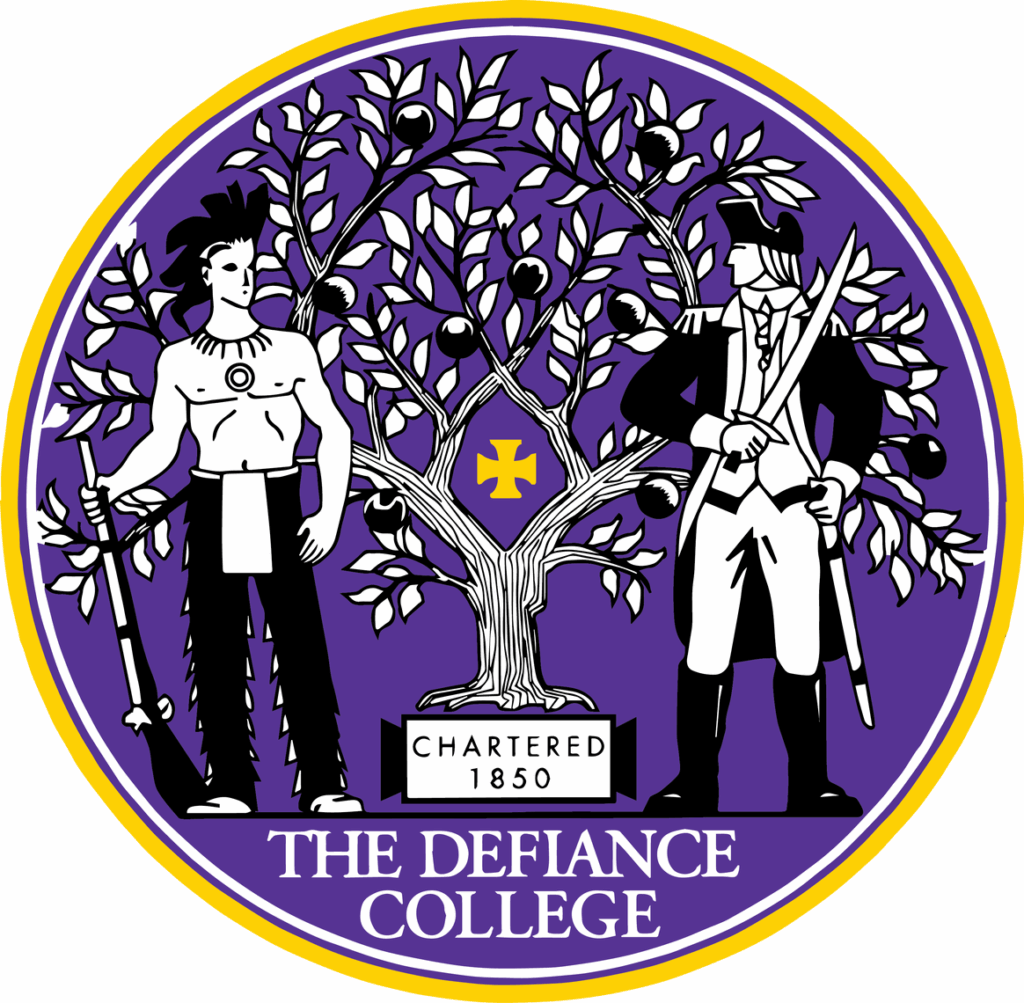 A circular seal for The Defiance College features a Native American and a settler standing on either side of an apple tree, with a gold cross and the text Chartered 1850 at the center, set against a purple background.
