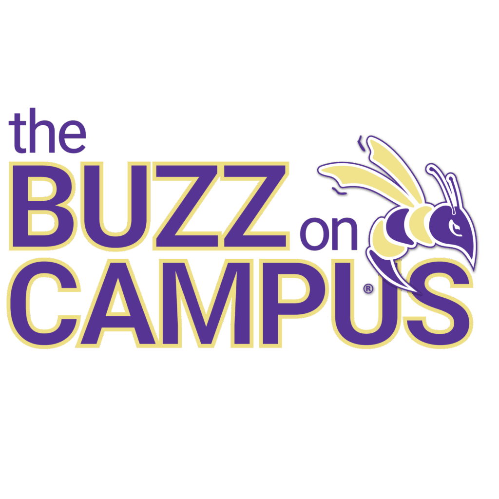 Logo with the words “the BUZZ on CAMPUS” in purple and gold, featuring a stylized yellow and purple bee flying to the right next to the text.