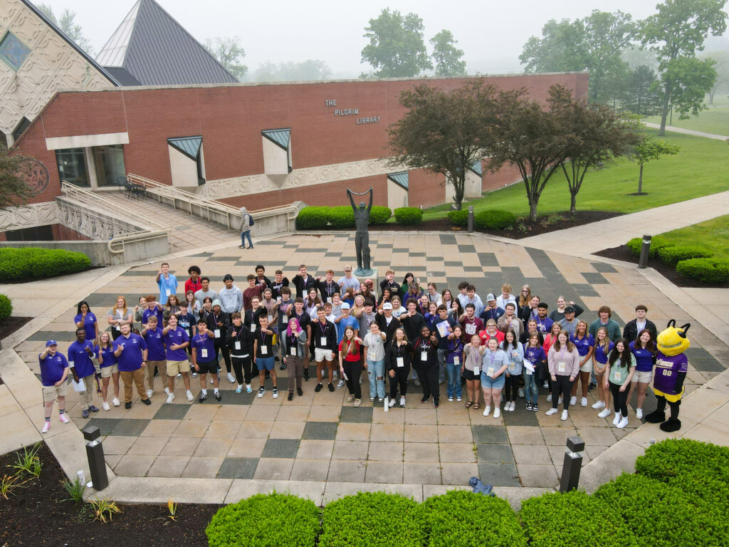 Defiance College students gathered outside Pilgrim Library.